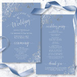 Silver Lace on Dusty Blue Budget Wedding Program<br><div class="desc">These wedding programs are elegant and tasteful, while still being budget friendly. The design features ornate silver gray faux foil lace with pale gray text on a dusty blue or periwinkle colored background. The typography features lacy script calligraphy, and there is room for details on the ceremony, the bridal party,...</div>