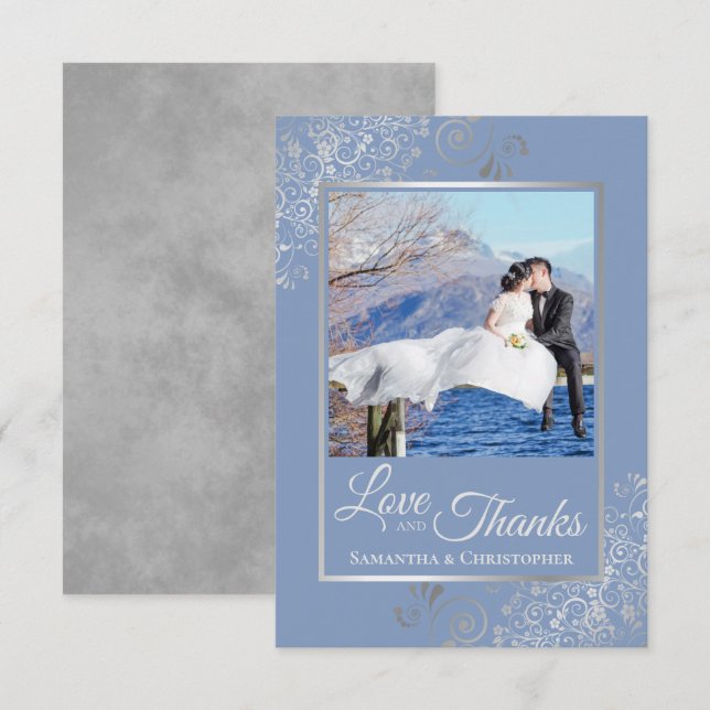 Silver Lace on Dusty Blue Love & Thanks Wedding Thank You Card (Front/Back)