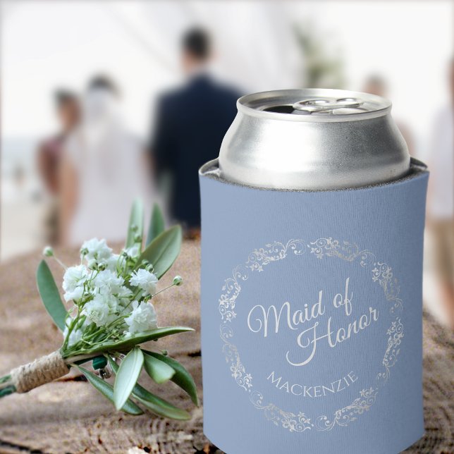 Silver Lace on Dusty Blue Maid of Honour Wedding Can Cooler (Creator Uploaded)