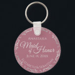 Silver Lace on Dusty Rose Maid of Honour Wedding Keychain<br><div class="desc">These beautiful keychains are designed to be given as a gift or wedding favour to your maid of honour. The elegant design features a frilly silver grey faux foil border with pale grey text on a dusty rose or mauve pink background. There is space for her name, the wedding date...</div>