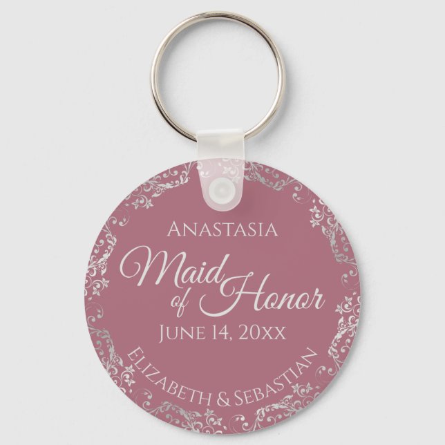 Silver Lace on Dusty Rose Maid of Honour Wedding Keychain (Front)