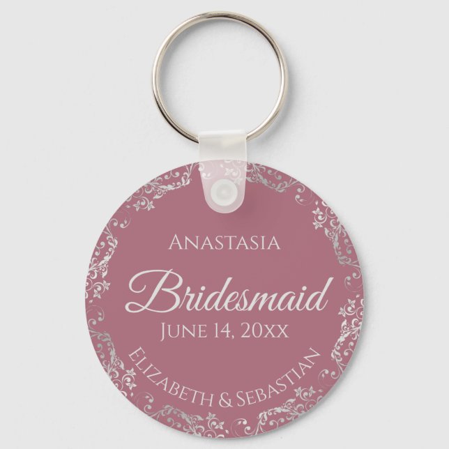 Silver Lace on Dusty Rose Pink Bridesmaid Wedding Keychain (Front)