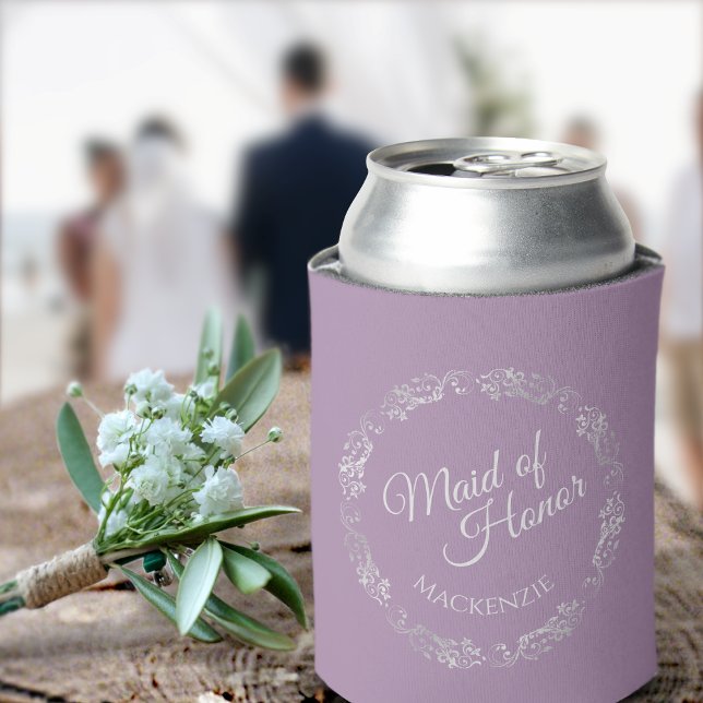 Silver Lace on Lavender Maid of Honour Wedding Can Cooler (Creator Uploaded)