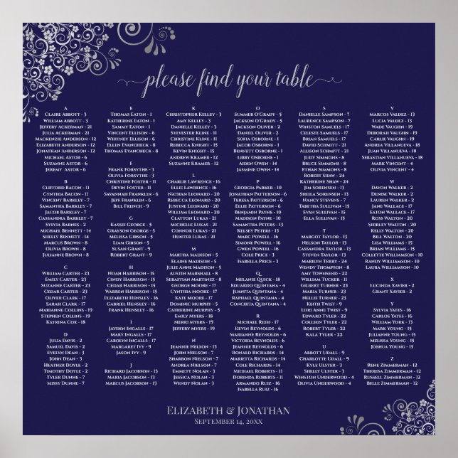 Silver Lace on Navy Alphabetical Seating Chart (Front)