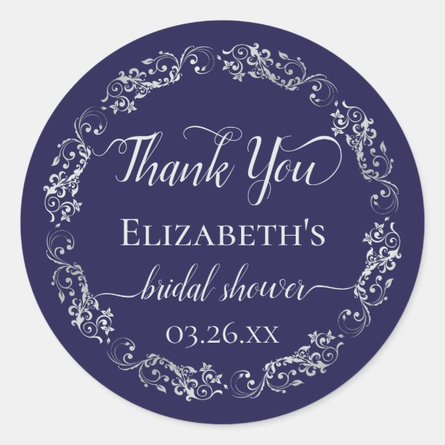 Silver Lace on Navy Blue Bridal Shower Thank You Classic Round Sticker (Front)