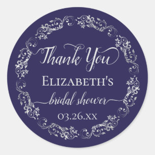Silver Lace on Navy Blue Bridal Shower Thank You Classic Round Sticker