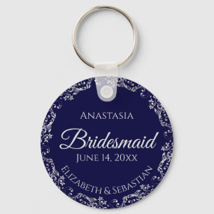 Silver Lace on Navy Blue Bridesmaid Wedding Keychain
