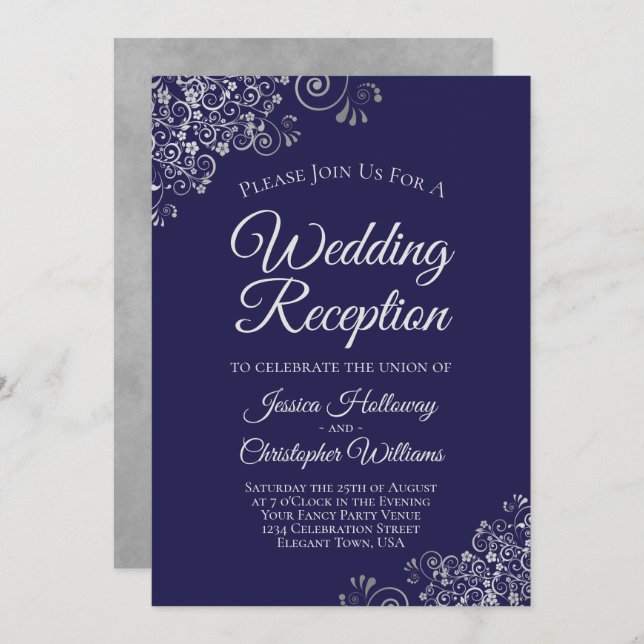 Silver Lace on Navy Blue Elegant Wedding Reception Invitation (Front/Back)