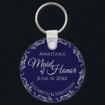 Silver Lace on Navy Blue Maid of Honour Wedding Keychain<br><div class="desc">These beautiful keychains are designed to be given as a gift or wedding favour to your maid of honour. The elegant design features a frilly silver grey faux foil border with pale grey text on a navy blue background. There is space for her name, the wedding date and the names...</div>