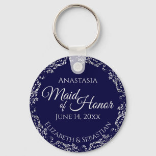 Silver Lace on Navy Blue Maid of Honour Wedding Keychain