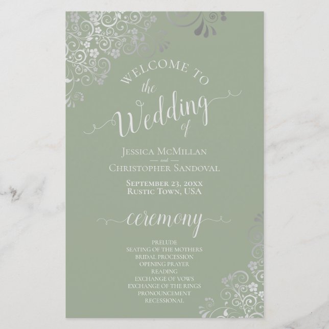 Silver Lace on Sage Green Budget Wedding Program (Front)