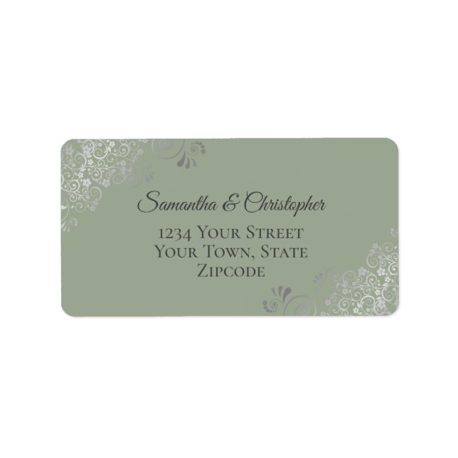 Silver Lace on Sage Green Elegant Wedding Address  Label (Front)