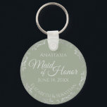 Silver Lace on Sage Green Maid of Honour Wedding Keychain<br><div class="desc">These beautiful keychains are designed to be given as a gift or wedding favour to your maid of honour. The elegant design features a frilly silver grey faux foil border with pale grey text on a sage green background. There is space for her name, the wedding date and the names...</div>