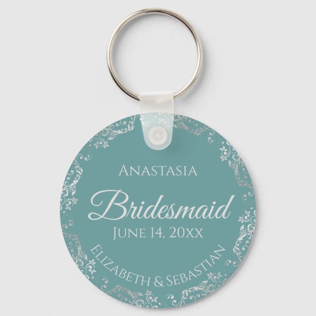 Silver Lace on Teal Elegant Bridesmaid Wedding Keychain (Front)