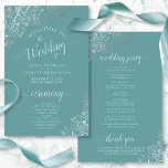 Silver Lace on Teal Elegant Budget Wedding Program<br><div class="desc">These wedding programs are elegant and tasteful, while still being budget friendly. The design features ornate silver grey faux foil lace with pale grey text on a teal or turquoise coloured background. The typography features lacy script calligraphy, and there is room for details on the ceremony, the bridal party, and...</div>