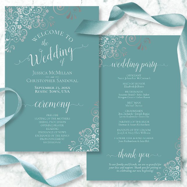 Silver Lace on Teal Elegant Budget Wedding Program (Creator Uploaded)