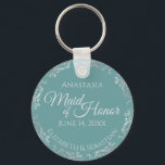 Silver Lace on Teal Elegant Maid of Honour Wedding Keychain<br><div class="desc">These beautiful keychains are designed to be given as a gift or wedding favour to your maid of honour. The elegant design features a frilly silver grey faux foil border with pale grey text on a teal or turquoise background. There is space for her name, the wedding date and the...</div>