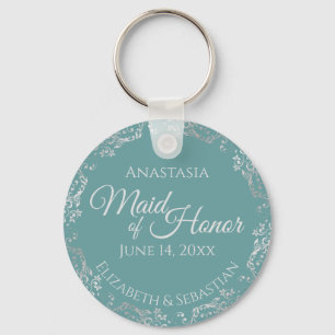 Silver Lace on Teal Elegant Maid of Honour Wedding Keychain