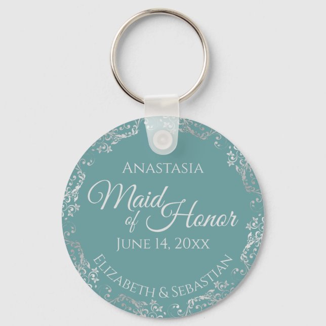 Silver Lace on Teal Elegant Maid of Honour Wedding Keychain (Front)