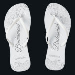 Silver Lace on White Elegant Bridesmaid Wedding Flip Flops<br><div class="desc">These elegant wedding flip flops are a great way to thank and recognize your bridesmaids, while giving their feet a rest after a long day. The beautiful design features an elegant design with silver grey lace frills on a white background and fancy grey script lettering. The text reads Bridesmaid with...</div>