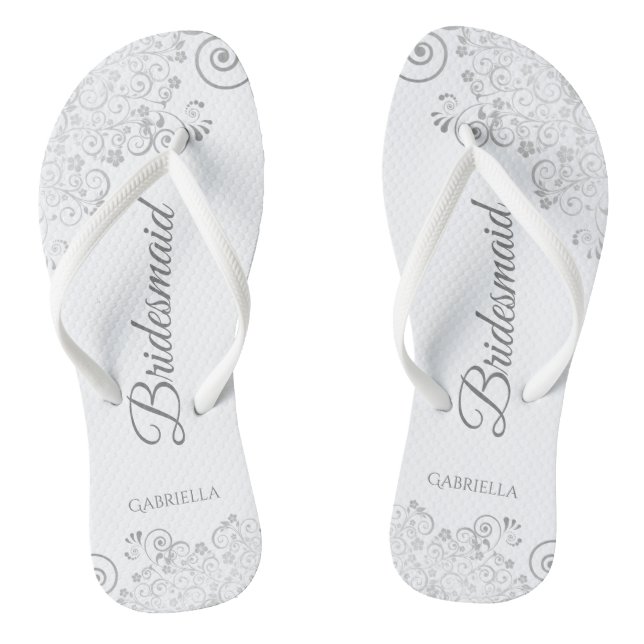 Silver Lace on White Elegant Bridesmaid Wedding Flip Flops (Footbed)