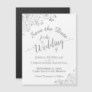 Silver Lace on White Wedding Save the Date Magnet
