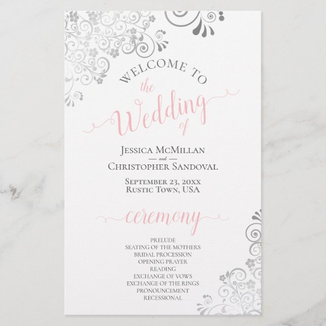 Silver Lace Pink on White Budget Wedding Program (Front)
