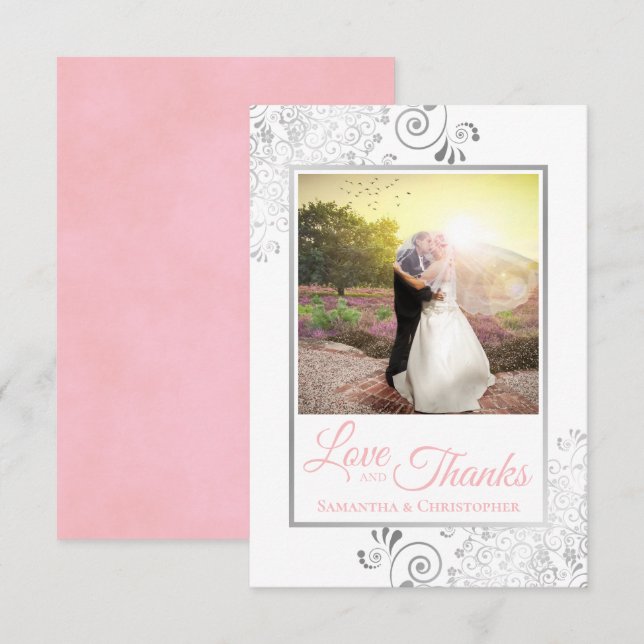 Silver Lace Pink on White Love & Thanks Wedding Thank You Card (Front/Back)