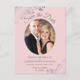 Silver Lace Pink Wedding Save the Date Oval Photo Announcement Postcard
