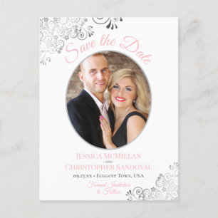 Silver Lace Pink White Wedding Save the Date Photo Announcement Postcard
