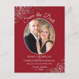 Silver Lace & Red Wedding Save the Date Oval Photo Announcement Postcard