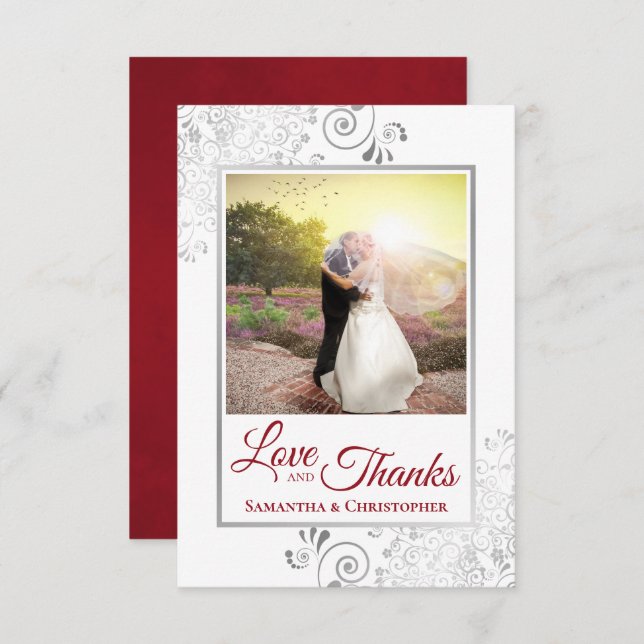 Silver Lace Red & White Love & Thanks Wedding Thank You Card (Front/Back)