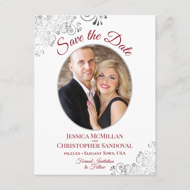 Silver Lace Red White Wedding Save the Date Photo Announcement Postcard (Front)