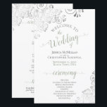 Silver Lace Sage on White Budget Wedding Program<br><div class="desc">These wedding programs are elegant and tasteful, while still being budget friendly. The design features ornate silver grey faux foil lace with sage green and grey text on a white background. The typography features lacy script calligraphy, and there is room for details on the ceremony, the bridal party, and a...</div>