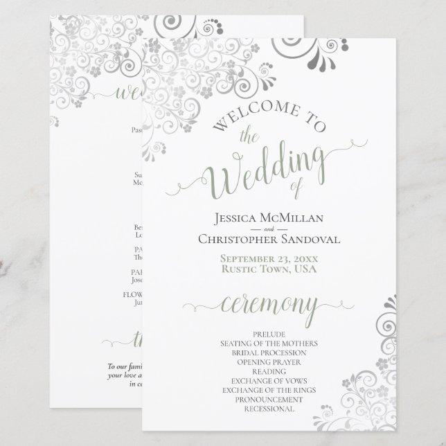Silver Lace Sage on White Budget Wedding Program (Front/Back)