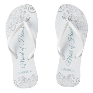 Silver Lace & Teal Chic Maid of Honour Wedding Flip Flops