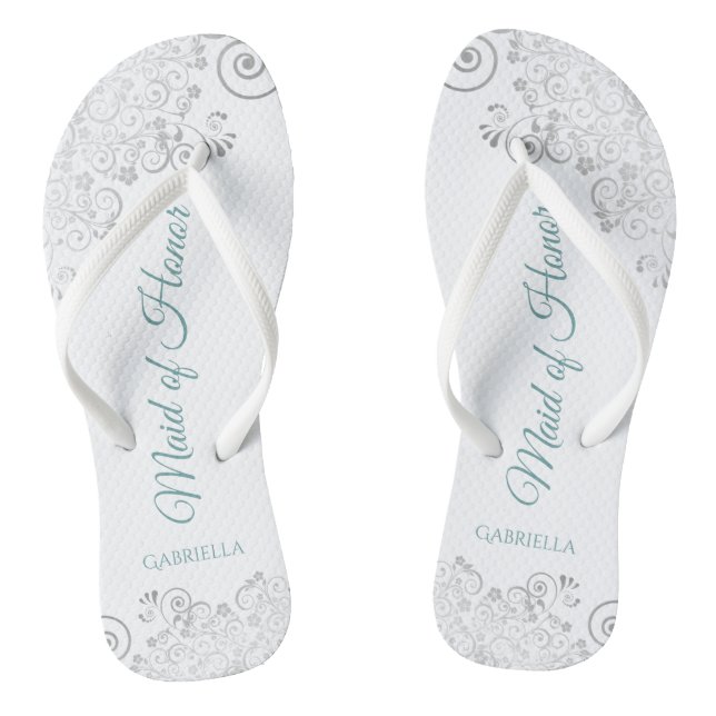 Silver Lace & Teal Chic Maid of Honour Wedding Flip Flops (Footbed)