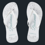 Silver Lace Teal Elegant White Bridesmaid Wedding Flip Flops<br><div class="desc">These elegant wedding flip flops are a great way to thank and recognize your bridesmaids, while giving their feet a rest after a long day. The beautiful design features an elegant design with silver grey lace frills on a white background and fancy teal or turquoise coloured script lettering. The text...</div>