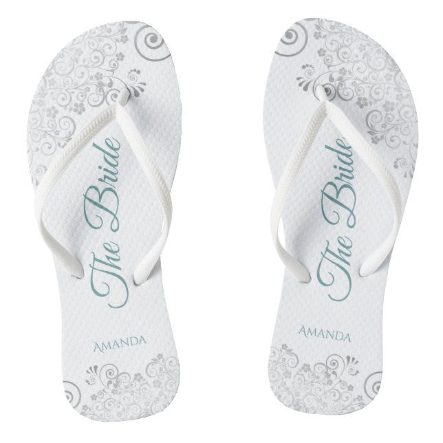 Silver Lace & Teal on White The Bride Wedding Flip Flops (Footbed)