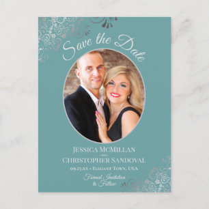 Silver Lace Teal Wedding Save the Date Oval Photo Announcement Postcard