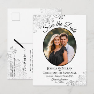 Silver Lace White Wedding Save the Date Oval Photo Announcement Postcard