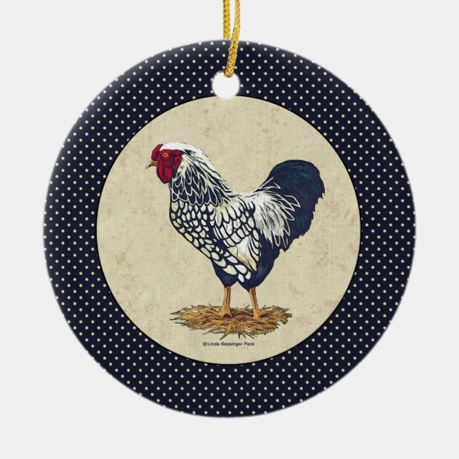 Silver Laced Wyandotte Rooster Denim Ceramic Ornament (Front)