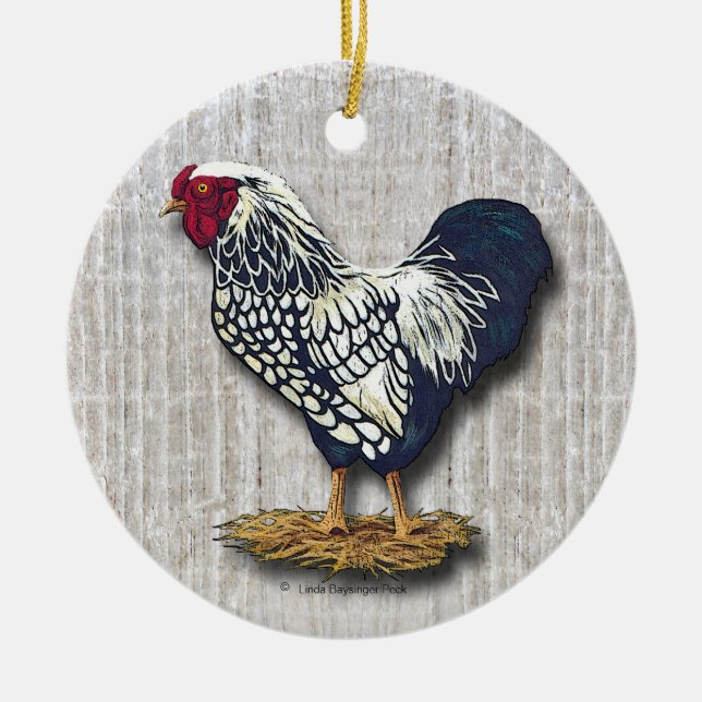 Silver Laced Wyandotte Rooster Light Barnboards Ceramic Ornament (Front)