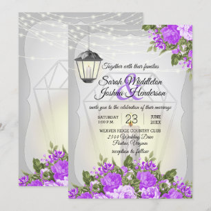 Silver Lanterns and Purple Flower Wedding Invitation