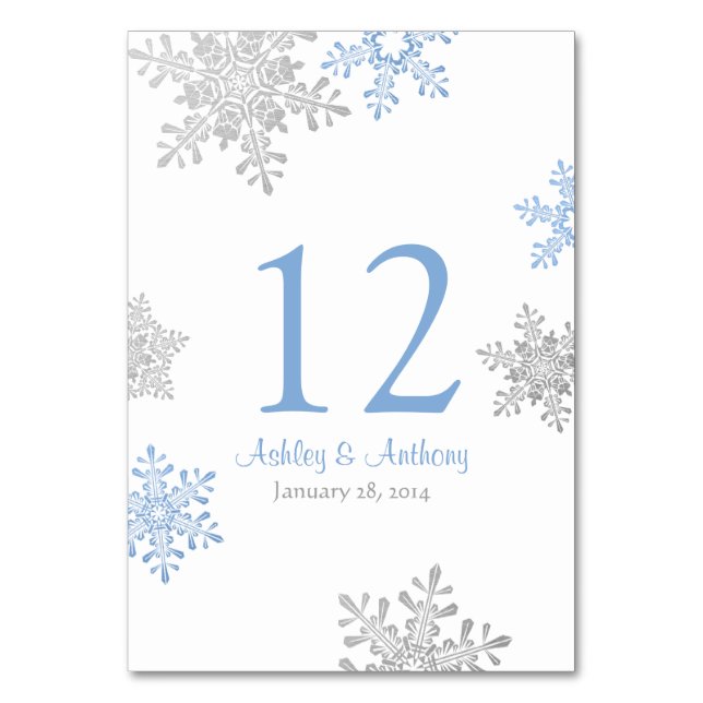 Silver Lapis Blue White Snowflakes Winter Wedding Table Number (Front)