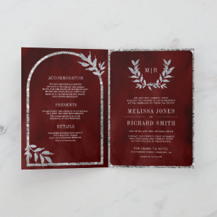 Silver Laurel Wreath Leaves Burgundy Red Wedding Invitation