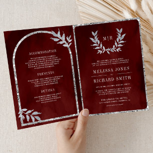 Silver Laurel Wreath Leaves Burgundy Red Wedding Invitation