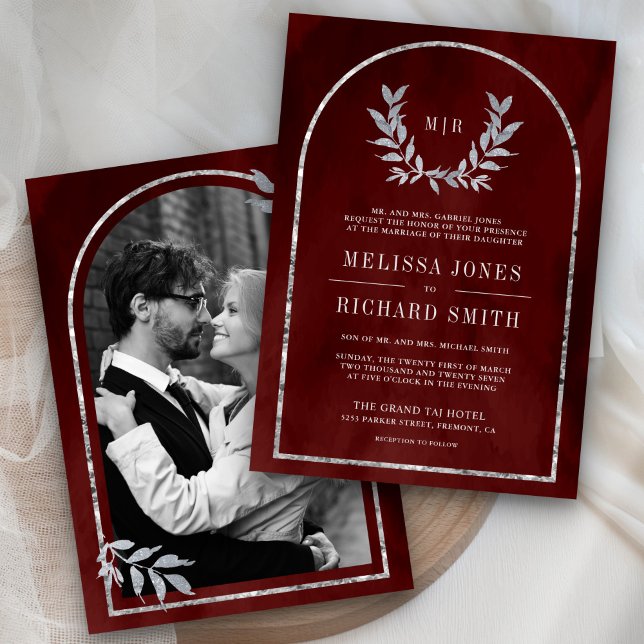 Silver Laurel Wreath Leaves Burgundy Red Wedding Invitation (Creator Uploaded)