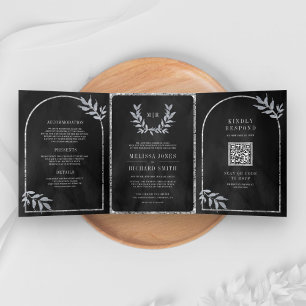 Silver Laurel Wreath Leaves Charcoal Grey Wedding Tri-Fold Invitation