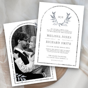 Silver Laurel Wreath Leaves White Wedding Invitation